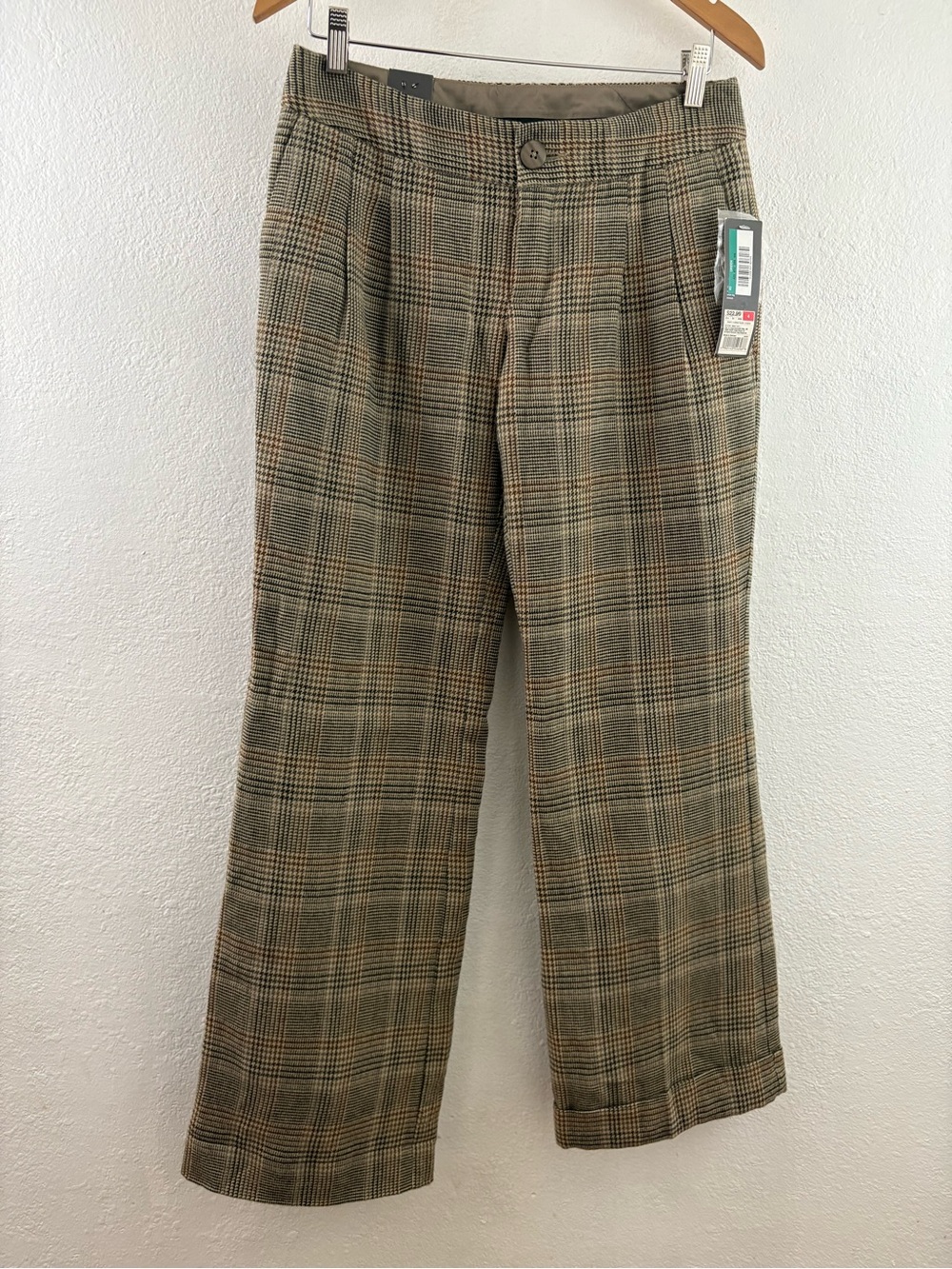 Mossimo brown multi-colored plaid trousers classic pleated front cuffed hem 4